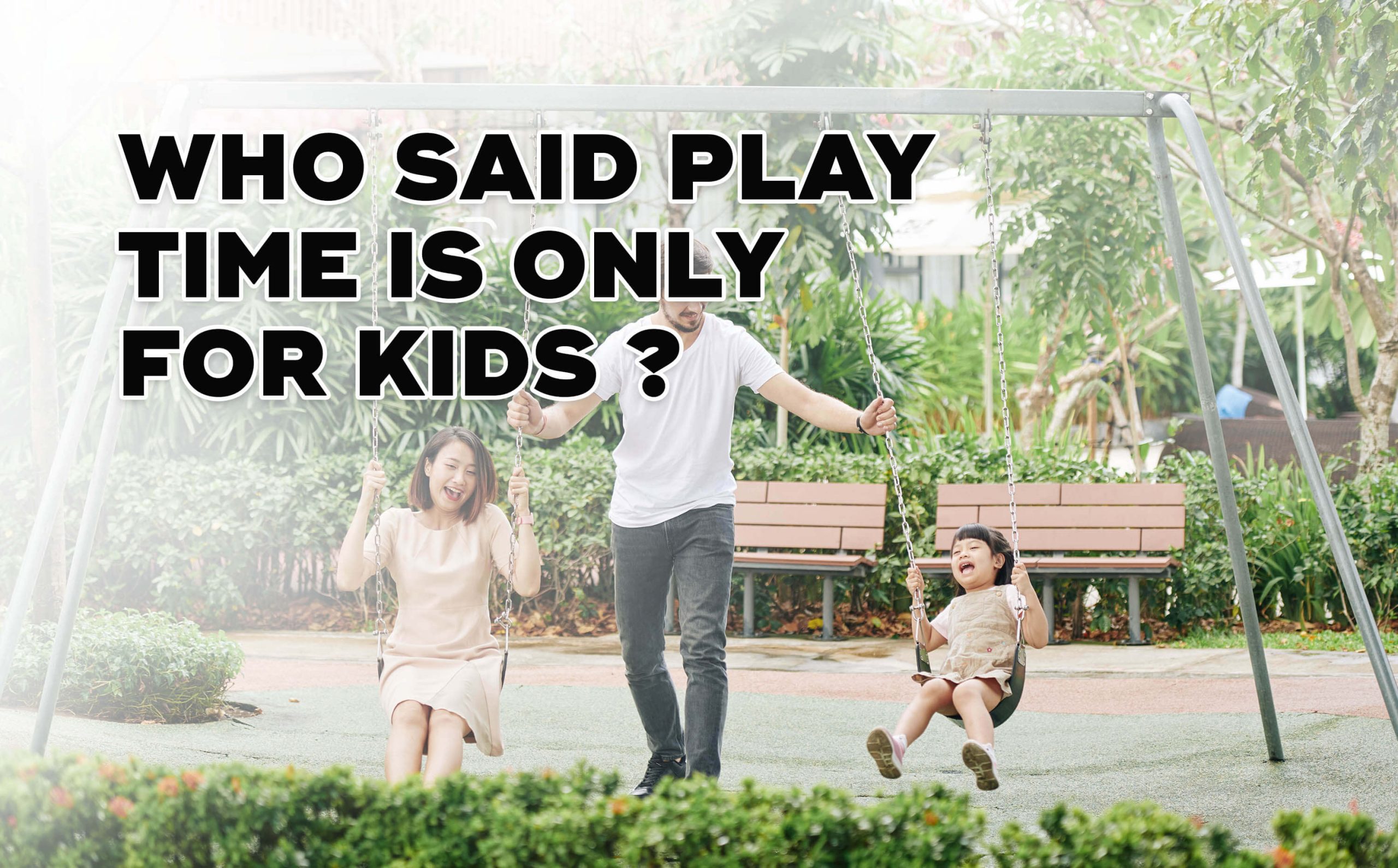 A woman and a child playing with the swing while a man pushes them.